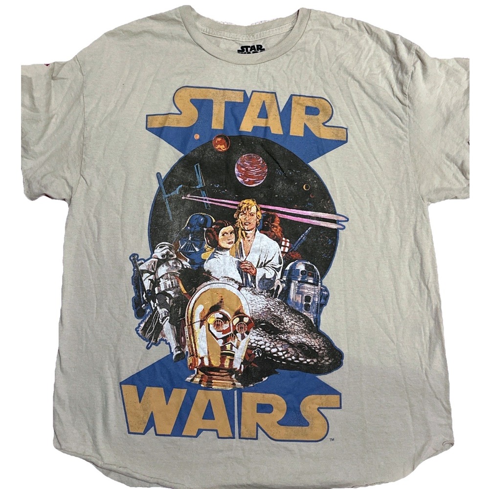 Star Wars Mad Engine Graphic T-Shirt Tan Large Luke Leia Vader C-3PO R2-D2 Tee